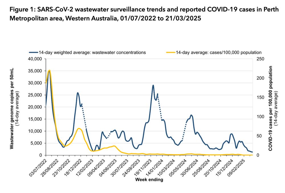 Line graph of SARS-CoV-2 wastewater surveillance trends in Perth Metropolitan area, Western Australia, 01/07/2022 to 21/03/2025