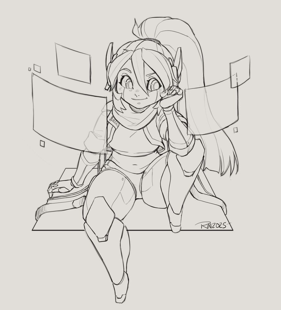 An android girl sits looking at floating digital screens.