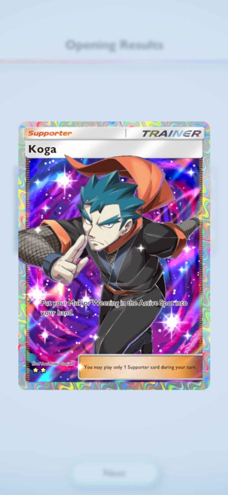 269/266 Genetic Apex Koga from Pokemon TCG Pocket, a full art rare variation of a card of moderate rarity