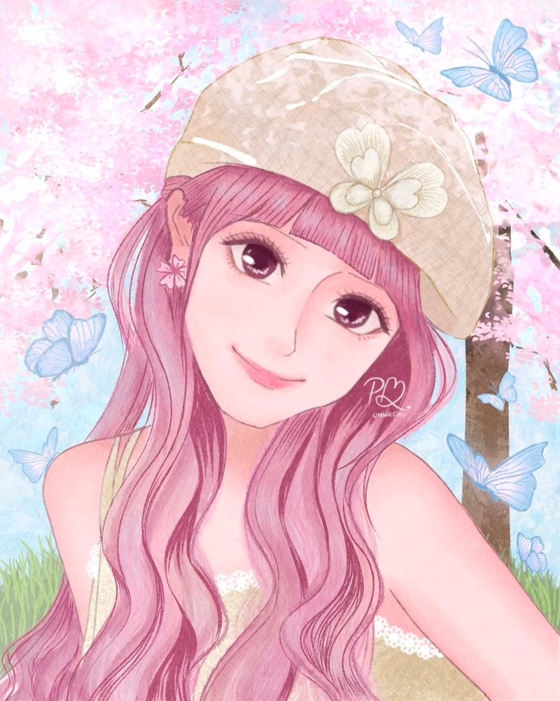 Portrait of girl with manga/anime dark pink eyes, rosy pink wavy hair, wearing a beige knit beret with a round butterfly add-on in the middle, cherry blossom earrings, and a flowy spaghetti strap yellow-brown top. In the background, cherry blossoms and blue-pink butterflies.