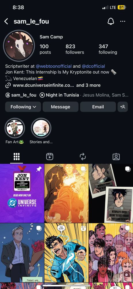 sam_le_fou on Instagram. Screenshot showing Sam Camps instagram page. Has a few posts of panels from This Internship is My Kryptonite 