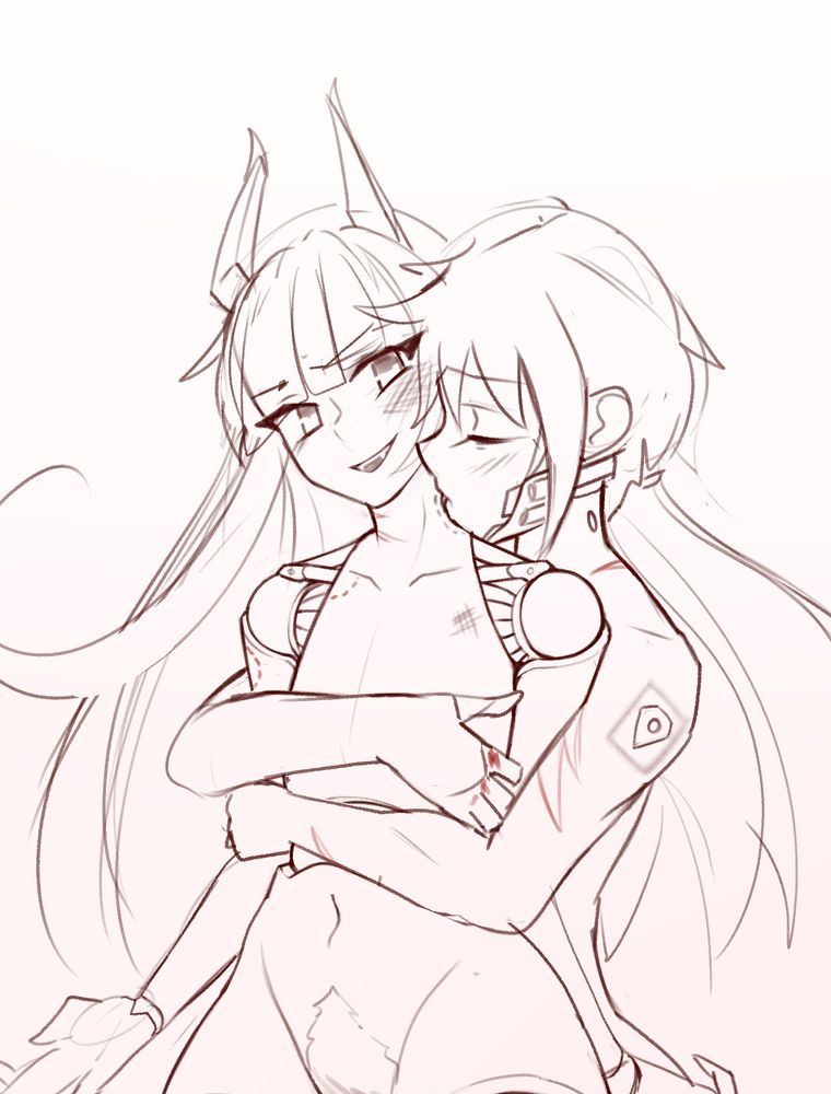 a sketch of a doll-like character and another woman holding the doll from behind