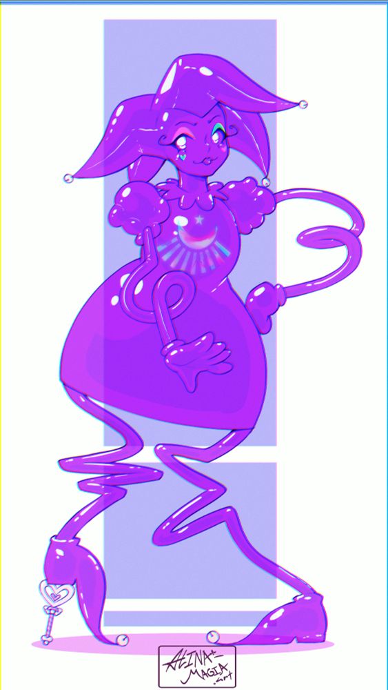 A purple slime shaped a bit like a classic jester, with 4 pointed hat, poofy shoulders, shoes with bells attached to the point, cartoonish glove hands, and makeup covering a featureless purple slime face