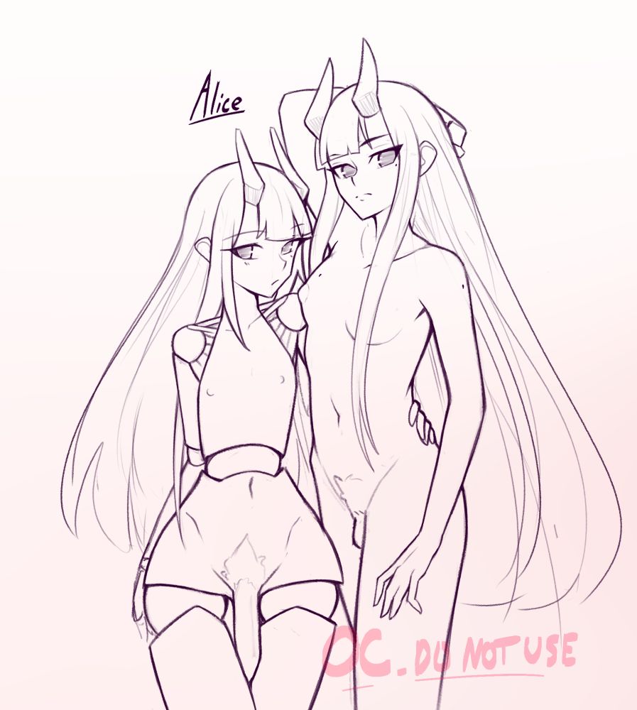 a sketch of two similar looking characters, the left is in a doll like body with ball joints and the right is in a human body with slender hips and longer hair

a watermark says "OC. DO NOT USE"