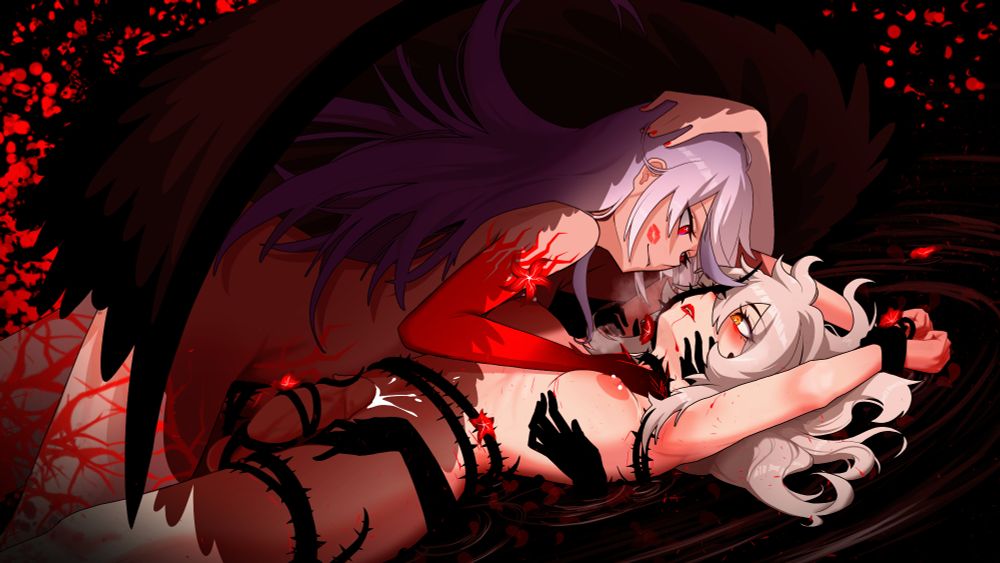 Acheron is laying on Black Swan on a floor that looks like black liquid. Swan is restrained with thorny black vines and hands reaching up from below the pool.