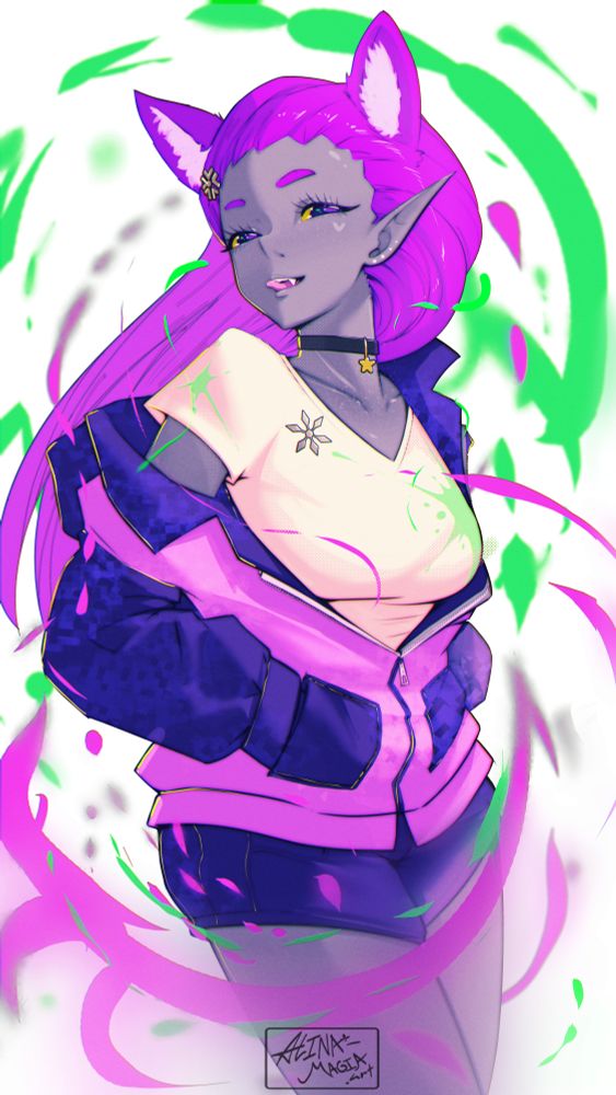 a vampire darkelf character with pink/purple hair and cat ears with a loose jacket and shorts is striking a pose, pink and green splashes of paint circle around them