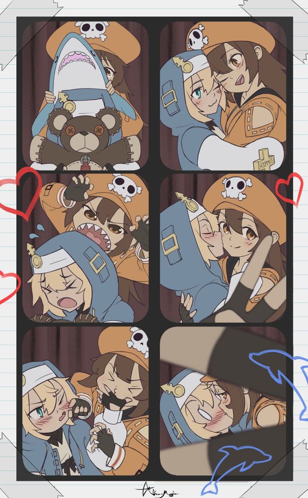This illustration shows May and Bridget in a series of six comic-like frames that resemble a photo booth strip, capturing playful and affectionate moments between them. May, wearing her orange hat with a skull design, is often seen hugging or teasing Bridget, who is dressed in her blue hood and outfit with a cross symbol. The expressions vary from May hugging a plush shark and bear to close, intimate moments like a cheek kiss and playful biting. The surrounding borders have doodles of red hearts and blue dolphins, adding to the lighthearted and affectionate vibe.