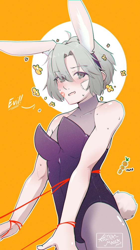 a bunny boy is nervously getting pulled by red strings, there's lipstick kiss on his cheek