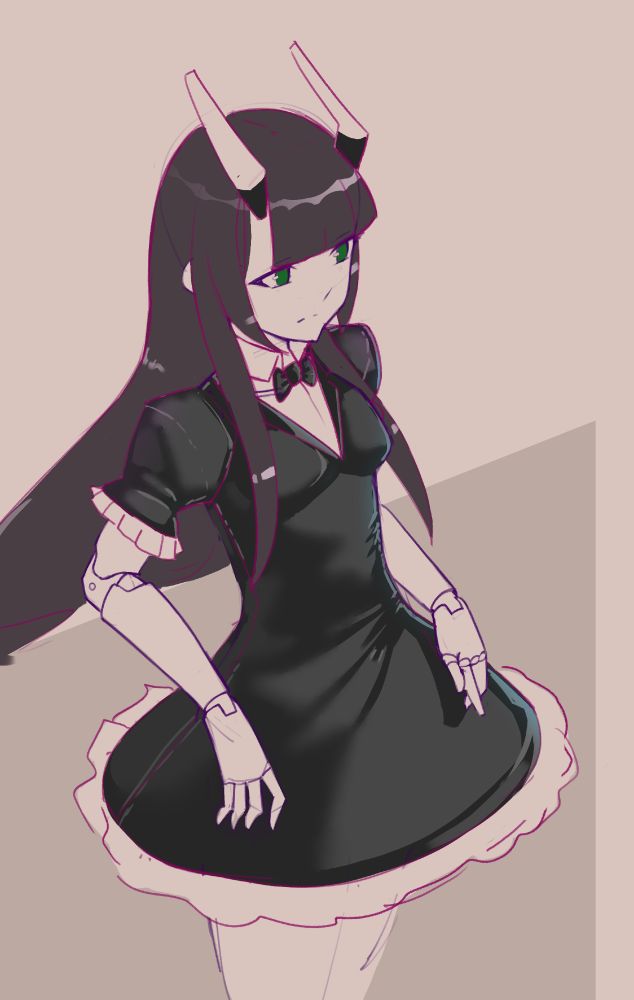 a doll is standing with elbows on a counter looking out, shes wearing a shiny dress