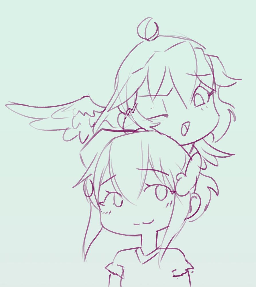 a sketch of symphogear characters in a chibi style in which hibiki is on miku's head