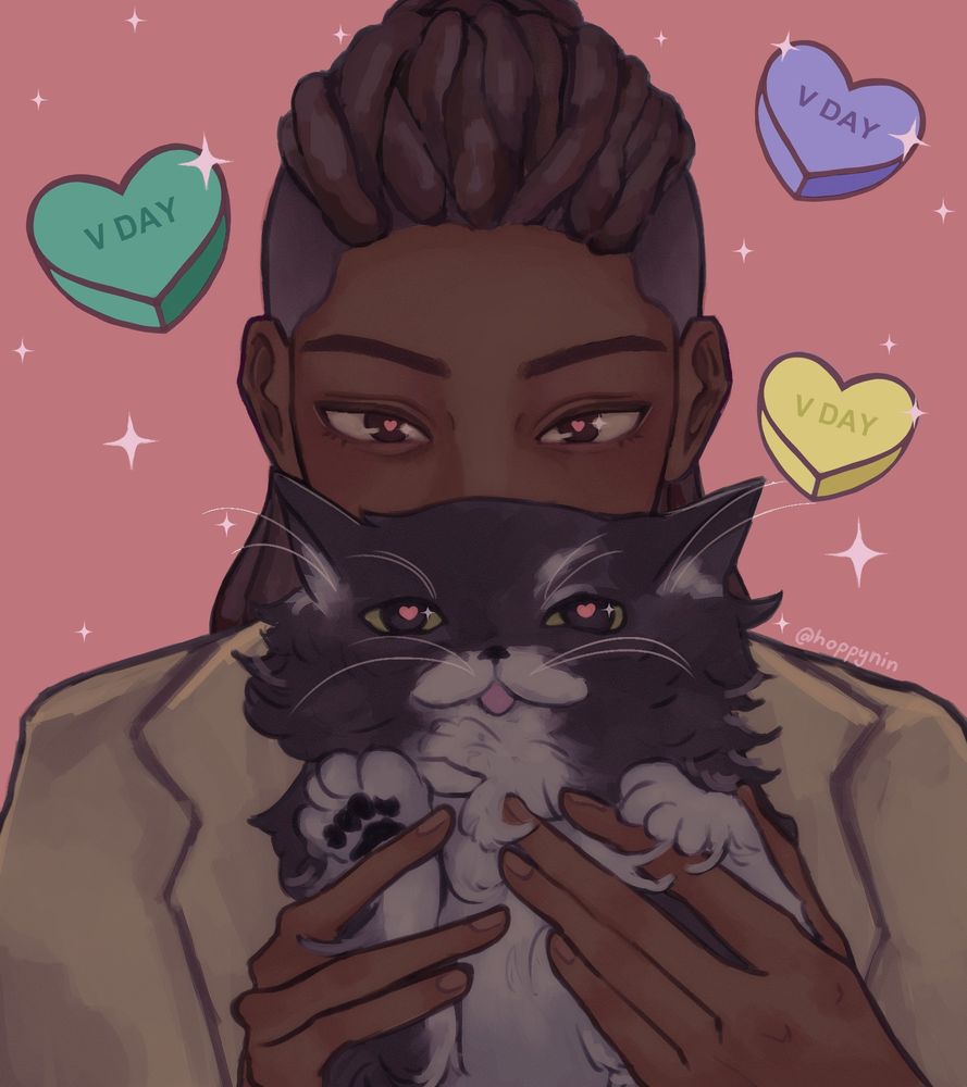 art of character V from killerchat holding a black and white fluffy cat in front of his face, surrounded by three candy hearts that say "V day" and sparkles