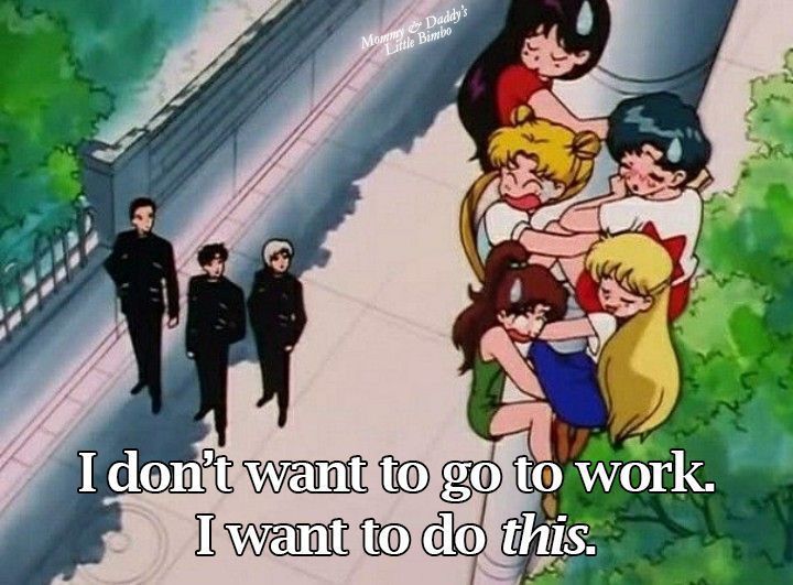 Screenshot from Sailor Moon of Usagi and the gang climbing up a utility pole

text reads:
I don't want to go to work.
I want to do THIS.