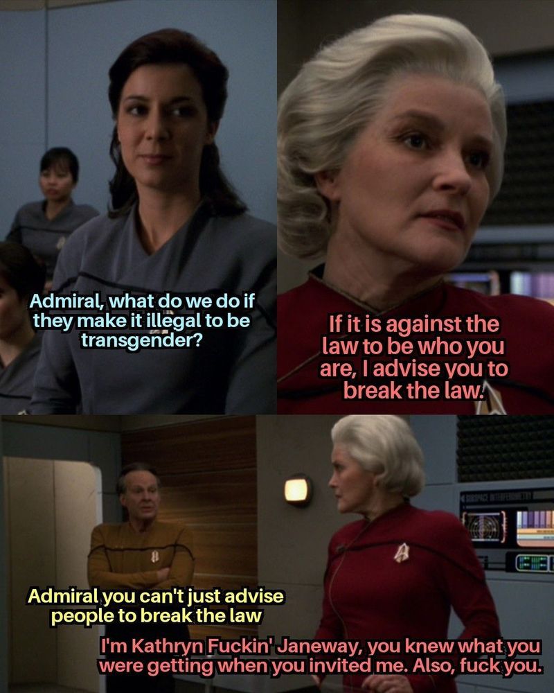 Screencaps from I believe Star Trek Voyager of an older Admiral Janeway. Star Trek meme.
Woman says: "Admiral, what do we do if they make it illegal to be transgender?"
Janeway: "If it is against the law to be who you are, I advise you to break the law."
Man says: "Admiral you can't just advise people to break the law"
Janeway: "I'm Katheryn Fuckin' Janeway, you knew what you were gettting when you invited me. Also, fuck you."