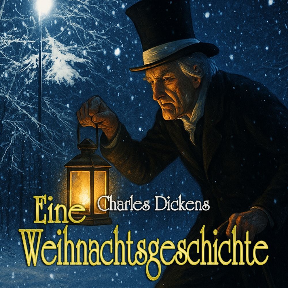 Auf dem Bild ist Ebenezer Scrooge zu sehen, der mit einer Laterne durch einen Wald geht. Dazu die Schrift Charles Dickens Eine Weihnachtsgeschichte