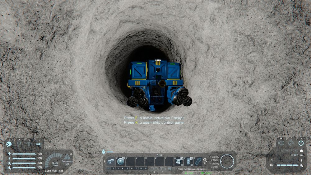 Picture of Dolly's mining ship flying through an extremely  narrow and long tunnel, only just barely wide enough for the ship to fit through. There is zero room to rotate the ship.