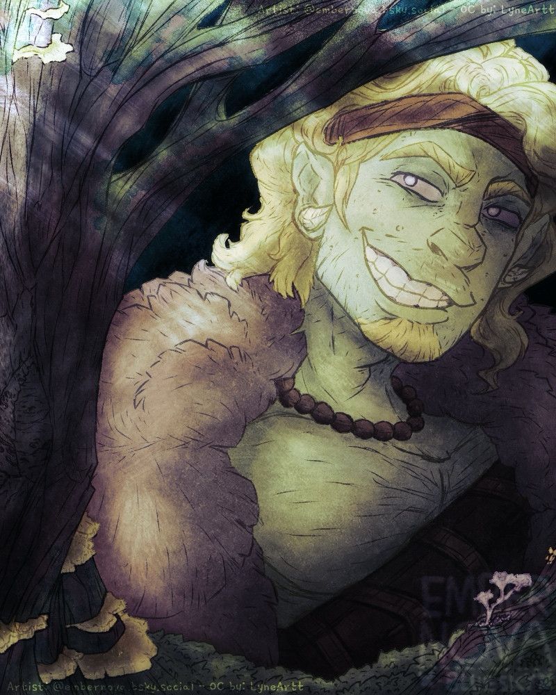 A dimly lit portrait of the character Adipocere, he peeks through the mossy, fungi-covered branches with a toothy smirk. He has pale green skin, blonde hair, and glassy purplish eyes. 