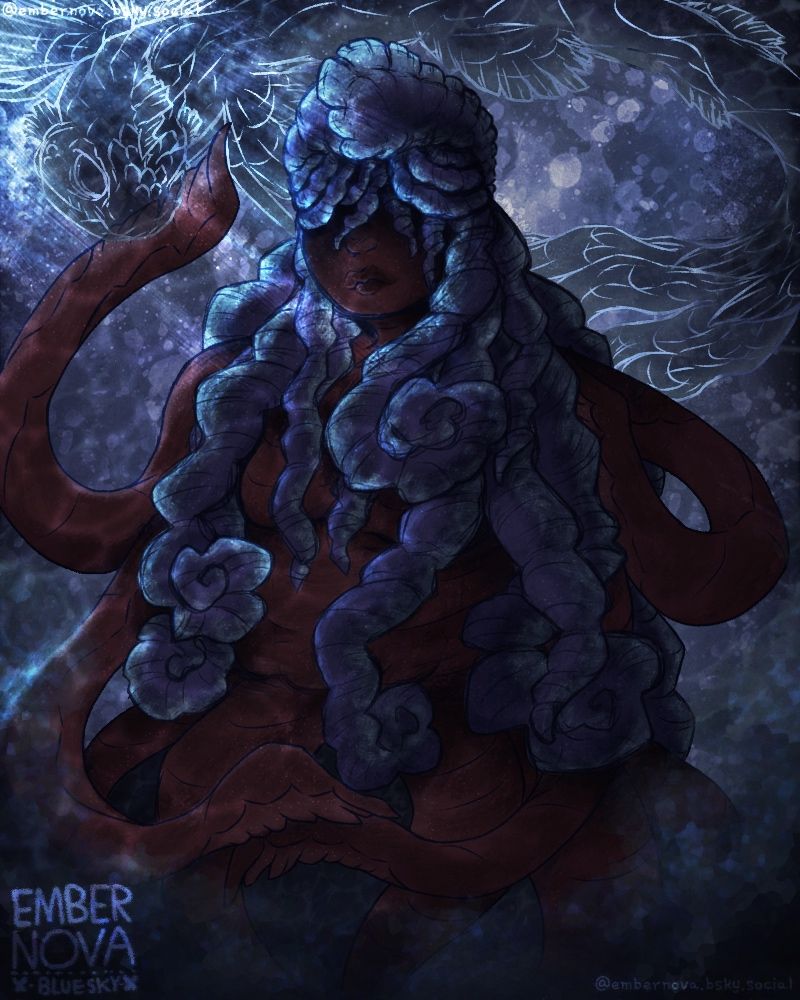 A digital artwork of an aquatic enviroment that casts light upon a woman whose body resembles an octopus, hair resembles a mann o’war, and her face mostly obscured by shadow. One of her four arms touches a watery fish that swims above her, the other three rest in idle positions.