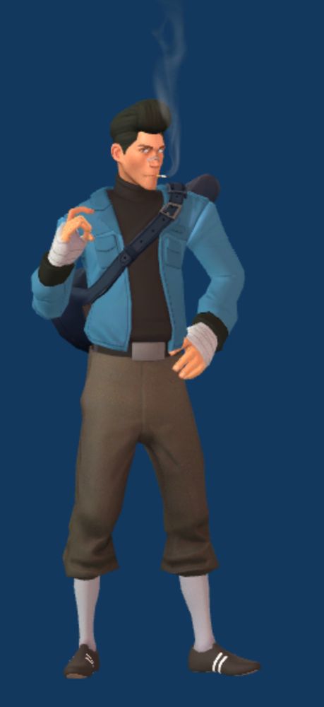 A 3d model of the Scout from TF2 poses confidently. The new cosmetic on his loadout is the Case of the Blues guitar misc on his back.