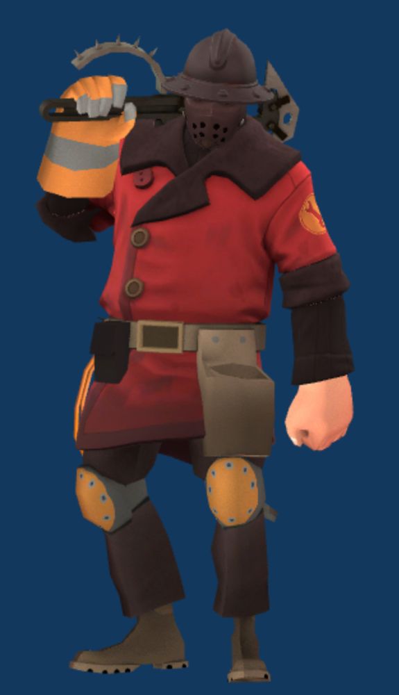 A 3d model of the Engineer from TF2 poses with a wrench over his shoulder. The new cosmetic on his loadout is the Cattleman’s Kettle hat.