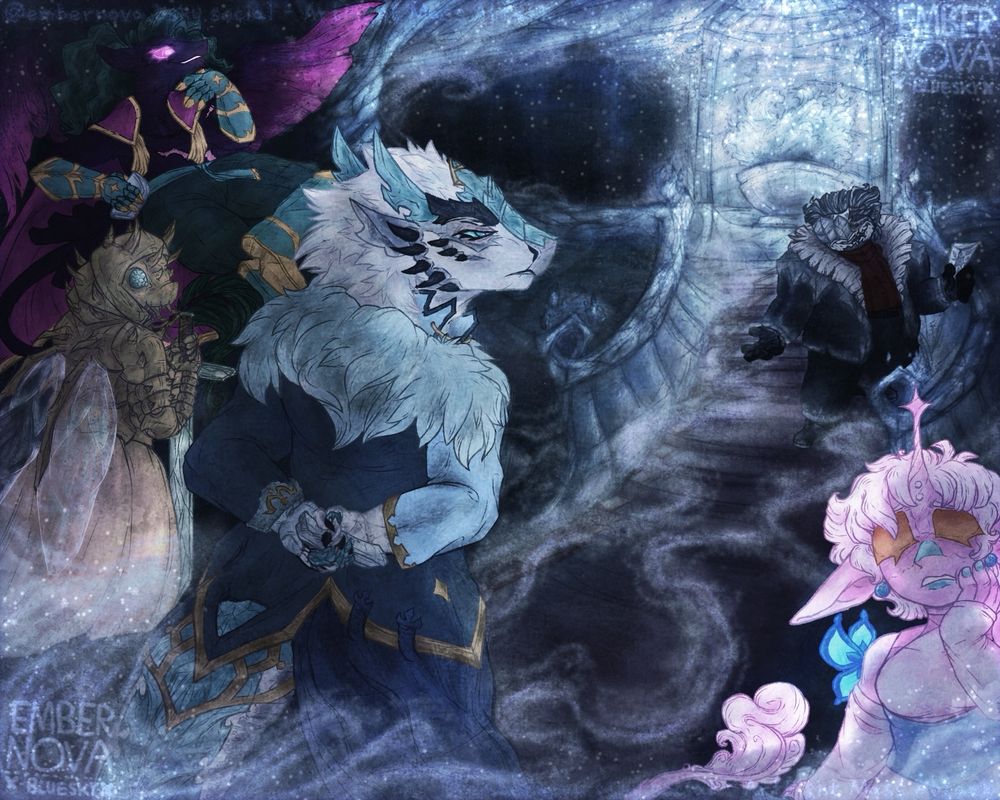 A large, dimly lit room is full of icy mist, four characters stand in the foreground, while a fifth descends a small flight of stairs.

Camillia, an icy dragon-like woman stares forward coldly and confidently, unamused by Polaris’s theatrics.

Zélior, a isopod fae knight glances over to Camilla, their hands rest on their sword at the ready just in case.

Endemama, floats above the crowd, a confident smile on their face.

Euridice, a pink tiefling nervously looks around the odd room.

Polaris, is a small undead man who holds up the same invitation all the other guests have.