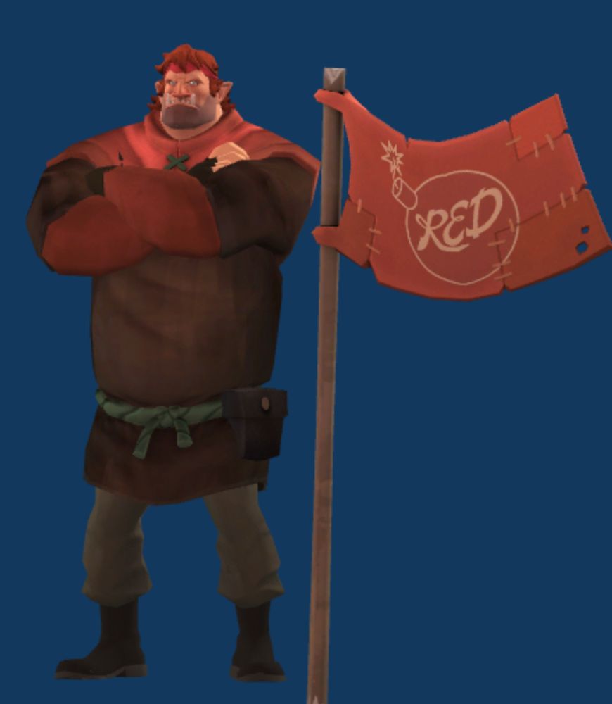 A 3d model of the Heavy from TF2 poses confidently next to a flag. The new cosmetic on his loadout is the Fat Friar misc.