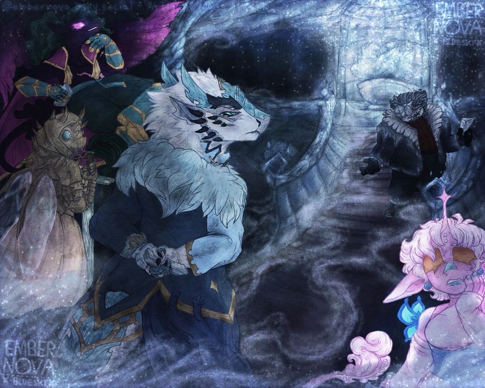 A large, dimly lit room is full of icy mist, four characters stand in the foreground, while a fifth descends a small flight of stairs.

Camillia, an icy dragon-like woman stares forward coldly and confidently, unamused by Polaris’s theatrics.

Zélior, a isopod fae knight glances over to Camilla, their hands rest on their sword at the ready just in case.

Endemama, floats above the crowd, a confident smile on their face.

Euridice, a pink tiefling nervously looks around the odd room.

Polaris, is a small undead man who holds up the same invitation all the other guests have. 