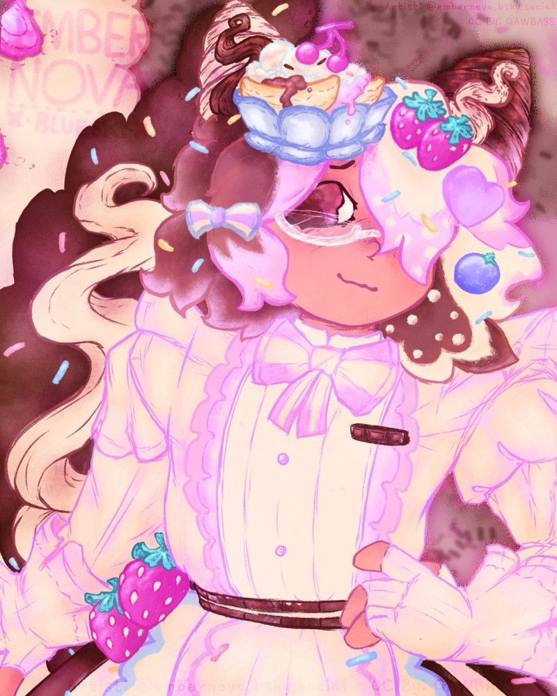 This is a half-body portrait of Frasier, a maximalist dessert-themed character design.
Decorated in sprinkles, berries, bows, ruffles, and more. They have a banana splint sundae hat on their Neapolitan themed-hair, two croissant-like cat ears, and a large tail behind them made of half-strawberry cake, half-chocolate sprinkle cake.