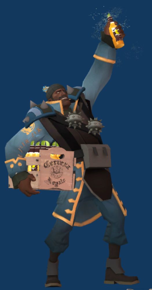 A 3d model of the Demoman from TF2 poses with a drink raised up and a crate of more bottles are tucked under his arm. The new cosmetic on his loadout is the Short Fuse beanie.