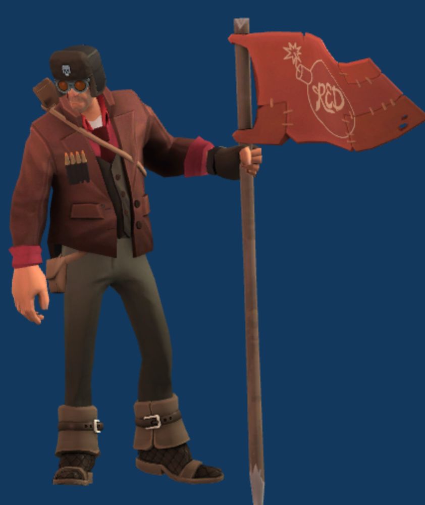 A 3d model of the Sniper from TF2 poses with a flag by his side. The new cosmetic on his loadout is the Shady Shelby jacket.