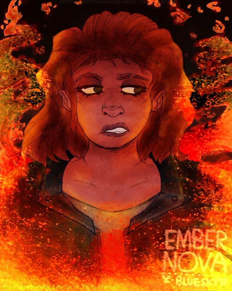 Pyra Wildfire, a reddish-toned fiery character looks to the side disgruntled as she’s surrounded by a border of flames.