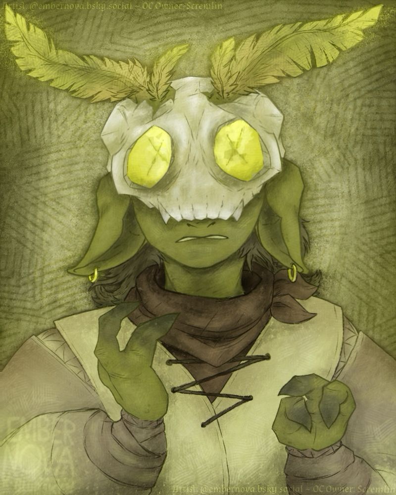 Lowen, a green-skinned undead moth wearing a skull stares forward nervously.