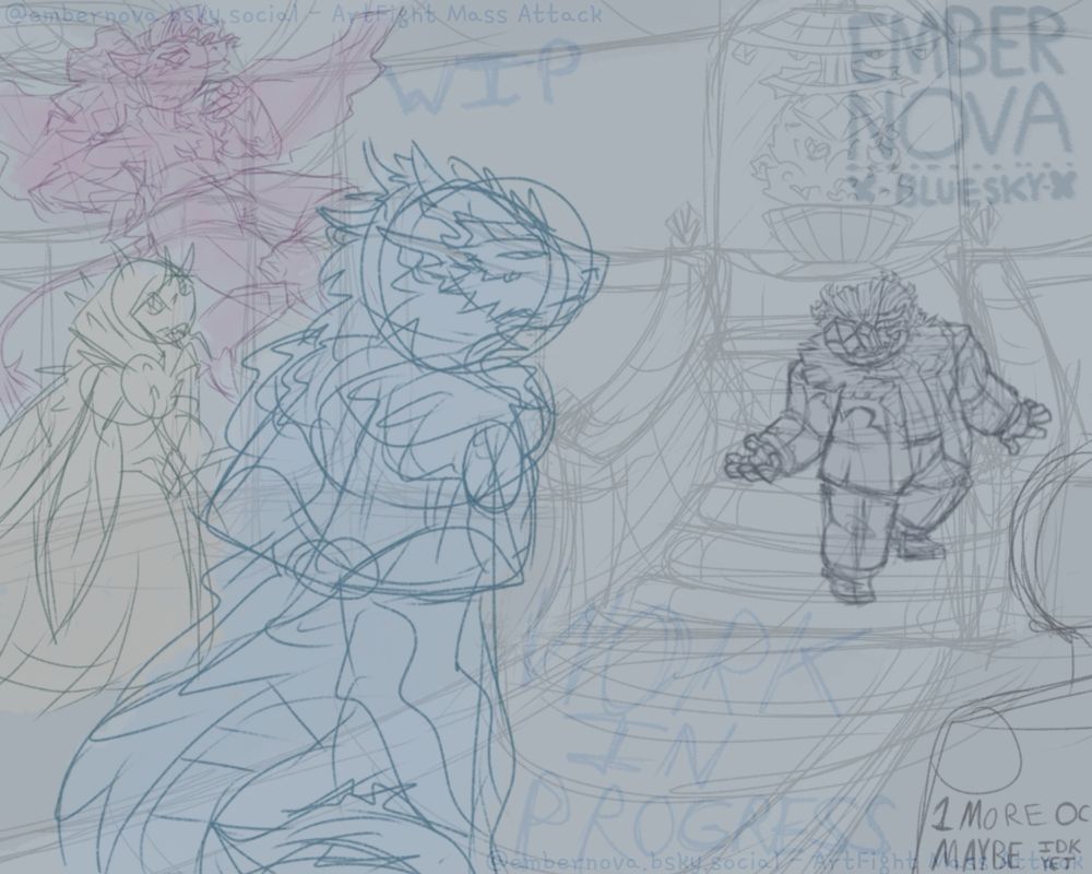A work in progress sketch of a large scene, four characters watch a fifth walk down a short flight of stairs. The background sketch is on a very low transparency compared to the rough color-coded character sketches.