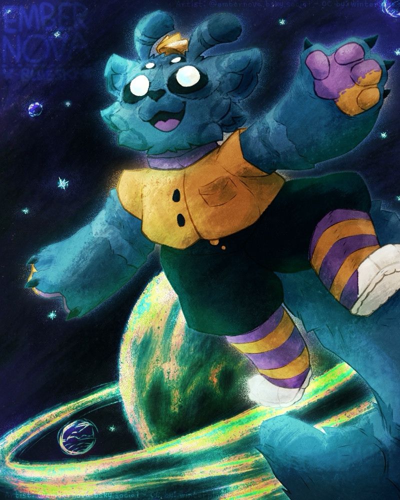 A blue, feline-like extraterrestrial named ‘Q’ excitedly floats in the dark indigo void of space, a bright green ringed planet floats behind them. 