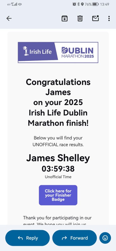 Screen capture of finishing time in the Dublin City Marathon 2025 showing a finish time of 3 hours 59 minutes and 38 seconds. A personal best and a goal achievement of sub 4hours
