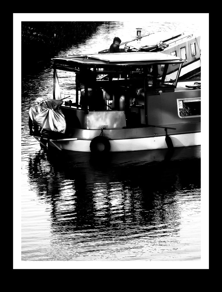 Close up of the cabin of a boat on the Royal canal at Confey, Leixlip. Processed in Black and White