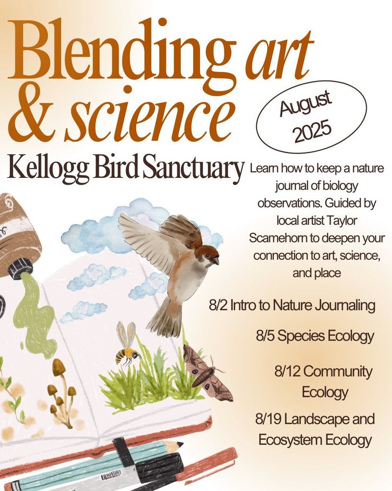 Flyer for Blending Art and Science event, featuring a drawing of a sketch book, course schedule, and the text: Learn how to keep a nature journal of biology observations. Guided by local artist Taylor Scamehorn, deepen your connection to art, science, and place. 
