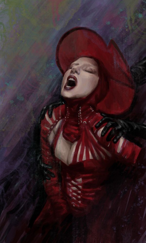 Digital painting of Lady Gaga in a red strappy outfit from her Abracadabra music video in front of an abstract colorful background.