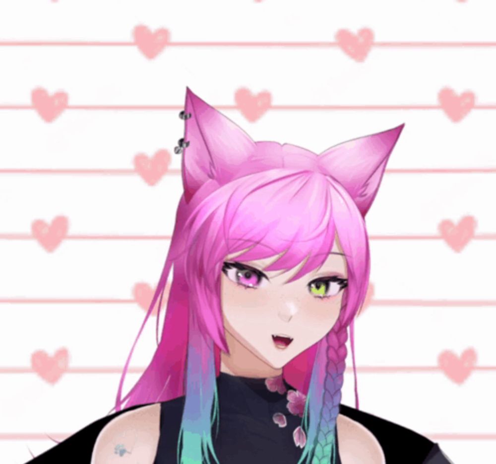 a girl with pink hair and cat ears stands in front of hearts