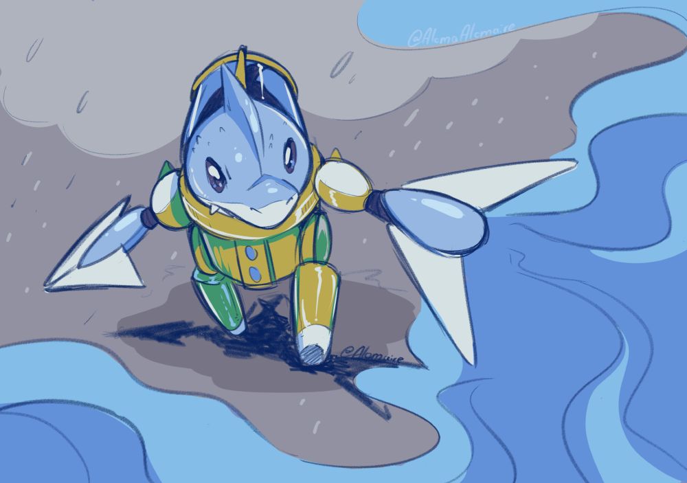 Sharktanker (Cassette Beasts) spraying water out of its 'arm'
It's running in the rain