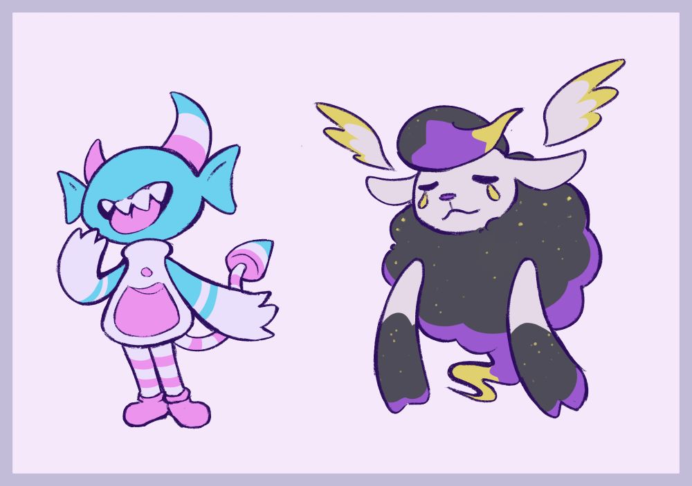 Candevil colored as the trans pride flag and Bansheep colored as the nonbinary pride flag (Cassette Beasts) 