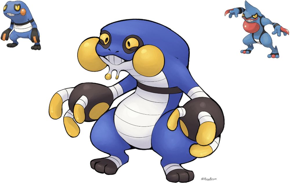 Reference of Croagunk (top left) and Toxicroak (top right)
Center is a fakemon evolution of Croagunk