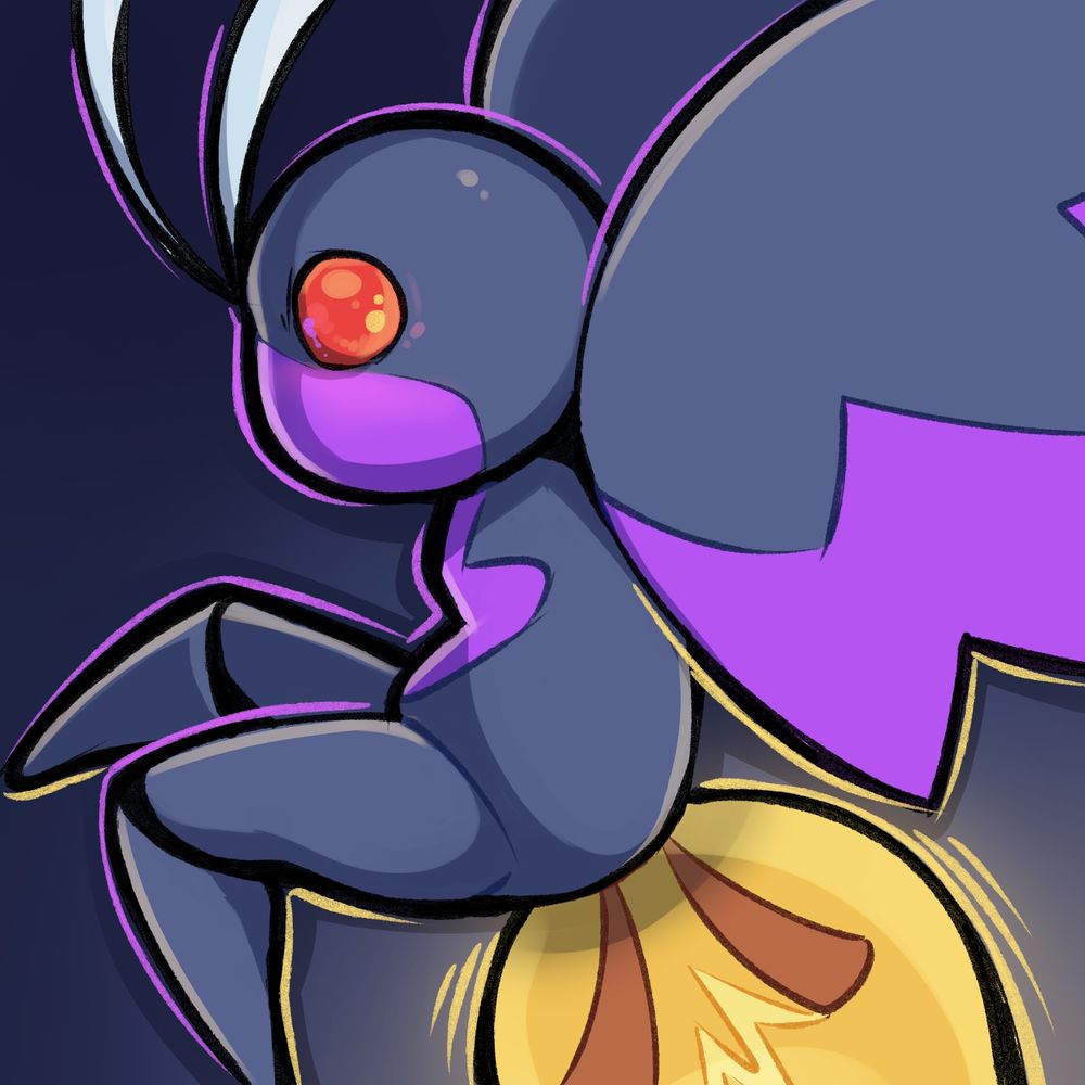 Mothmanic (cassette beasts) doin a little pose
has purple and yellow highlights
Very dynamic