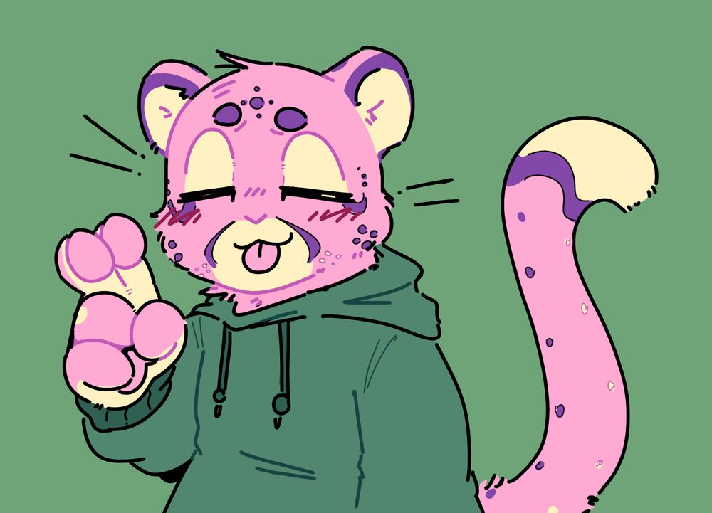 Pink cheetah blepping in a greed hoodie