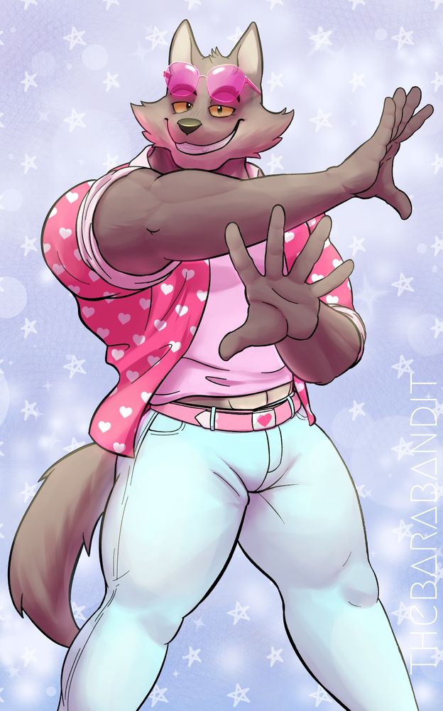 mr. wolf from the bad guys dressed in bright and colorful clothing, striking a pose from the soda pop dance
