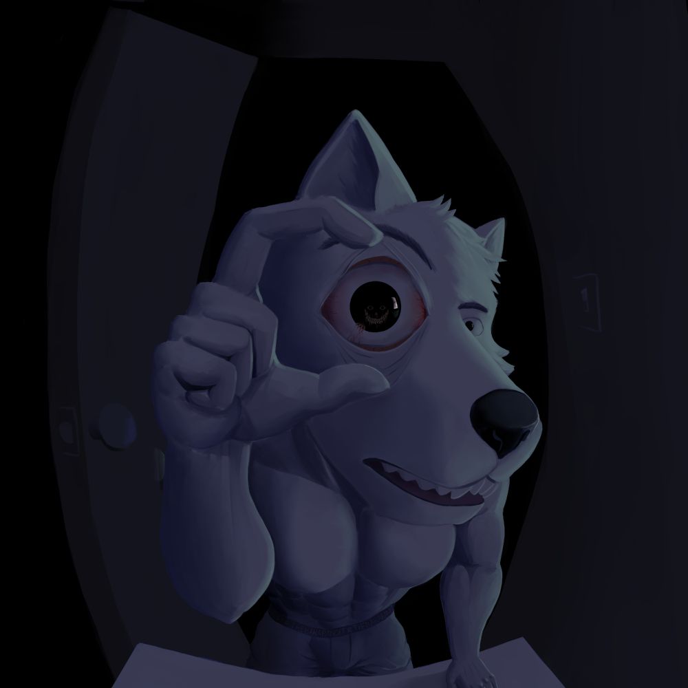 an anthro muscular wolf looks at the viewer while leaning over a table, with a fisheye distortion focused on his eye. he is holding his left eyelid open with his fingers, his eye is bloodshot, and within the pupil a smiling face shines dimly with crooked, sharp teeth. a clawed hand grips the edge of the iris and sclera, causing slight bleeding.