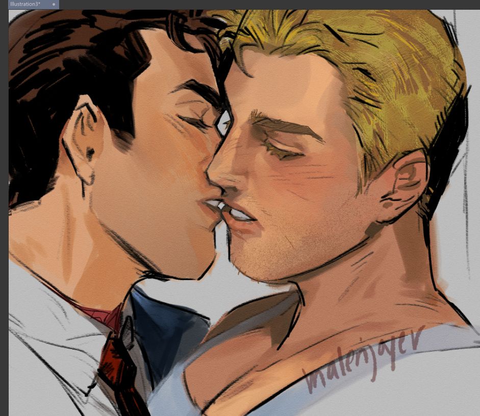 drawing of peter on the left kissing johnny on the right. he is wearing that one specific apron