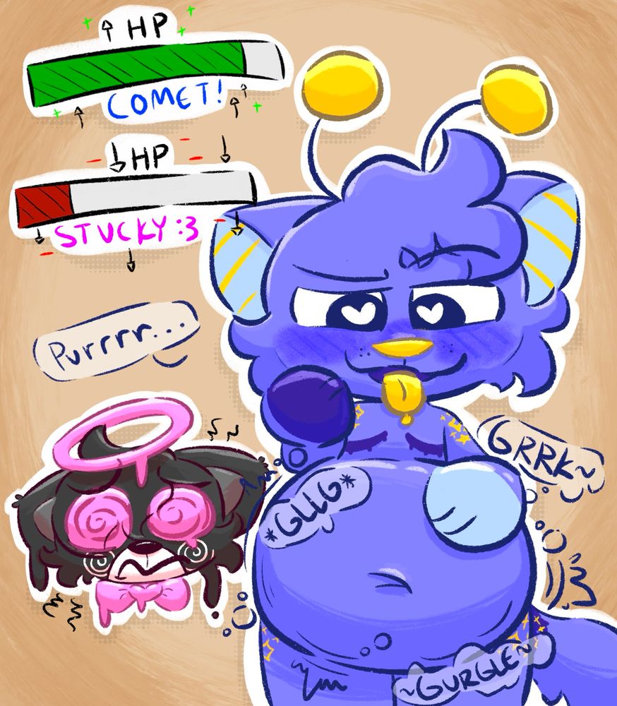 Vore furry artwork of Comet, a blue cat with a full belly, making digestion sounds. The blue cat is purring, and a cutaway on the left side shows their victim melting slowly. The victim is a black cat with a pink halo and pink bowtie. There are also HP bars present, showing Comet’s increasing as Stucky’s (the victim) decreases.
