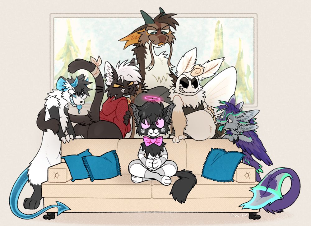 Illustrated Recreation of a famous pornographic couch meme. Stucky the cat furry is sitting on a couch, very nervous. Behind him are five other furries. From left to right: Tav, a white stoat with horns. Kibi, a black cat with two tails. Oishii, a brown/cream noodle dragon. Elzie, a cream moth. Chip, a gray avali with purple feathered and teal accents. All the furries behind Stucky are giving smug, hungry expressions.