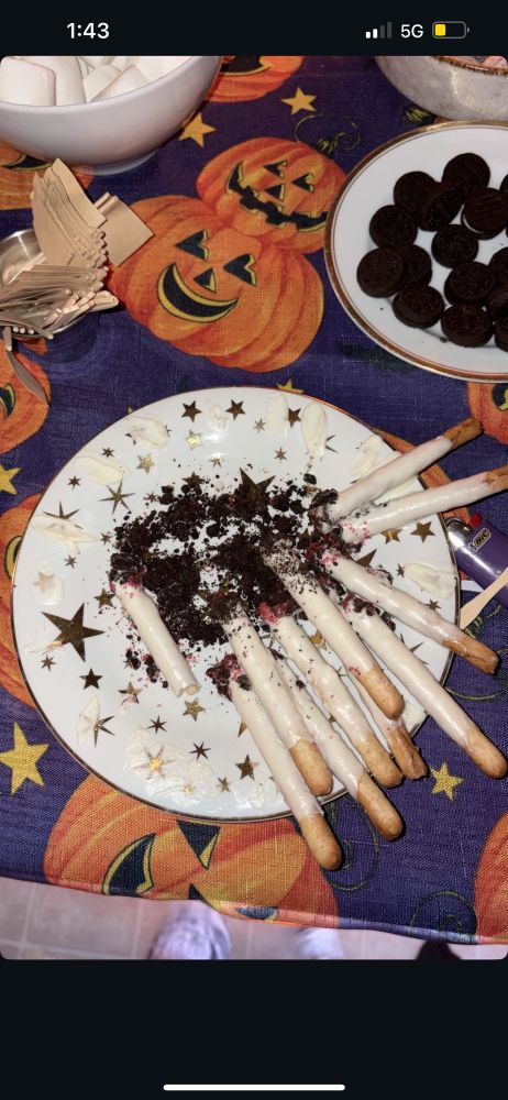 Pretzels that are dipped in white chocolate with red sprinkles and Oreos at the end to look like a lit cigarette