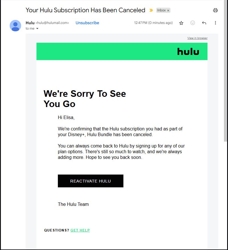 Hulu Subscription Cancellation email. 